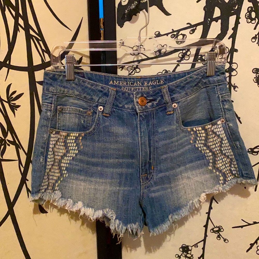 American Eagle Women’s Hi-Rise Festival Denim Shorts Light Wash Blue Cut Off